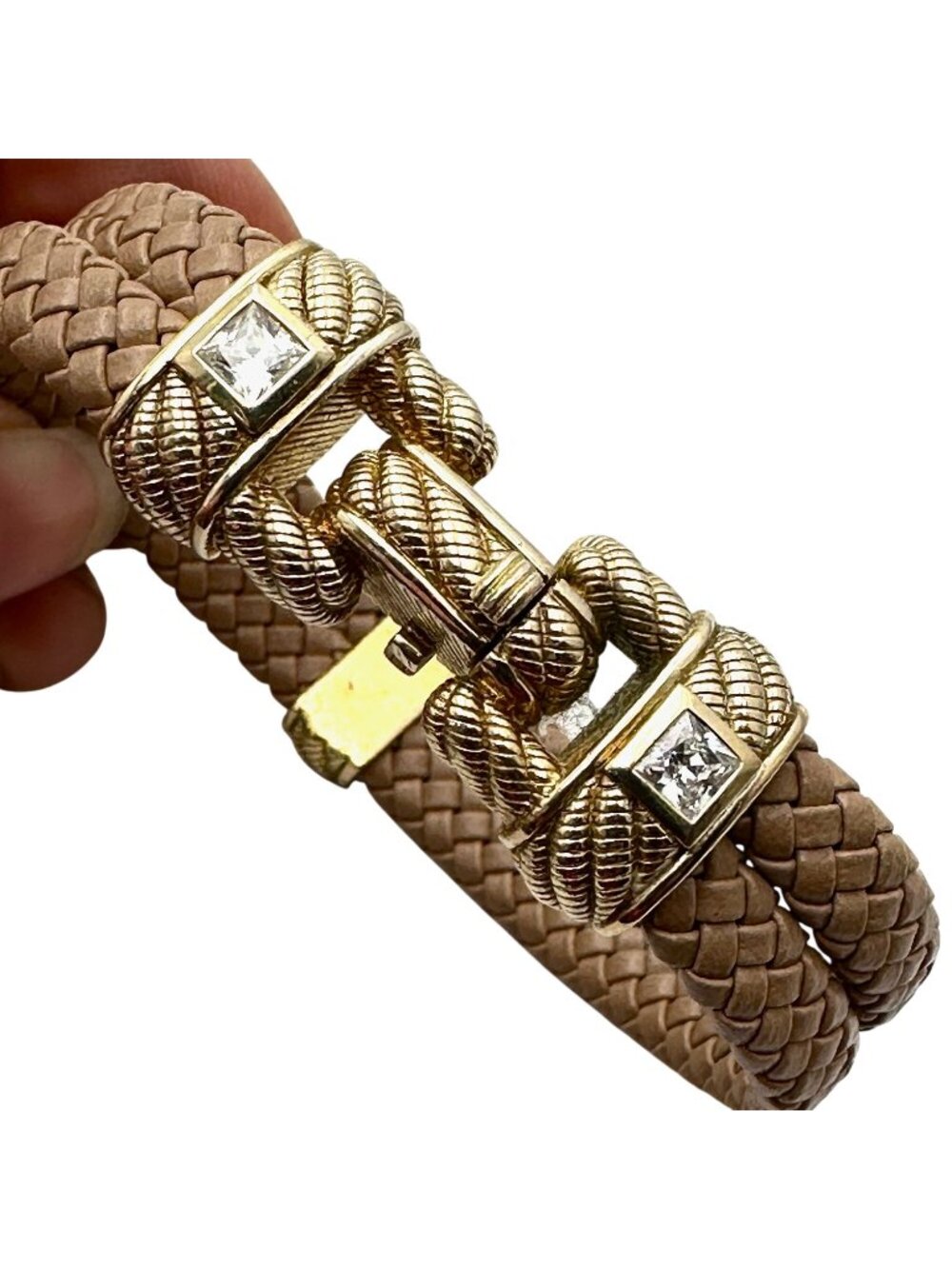 Judith Ripka Bracelet CZ Gold Plated Sterling Silver Tan Leather 6.5 Inch